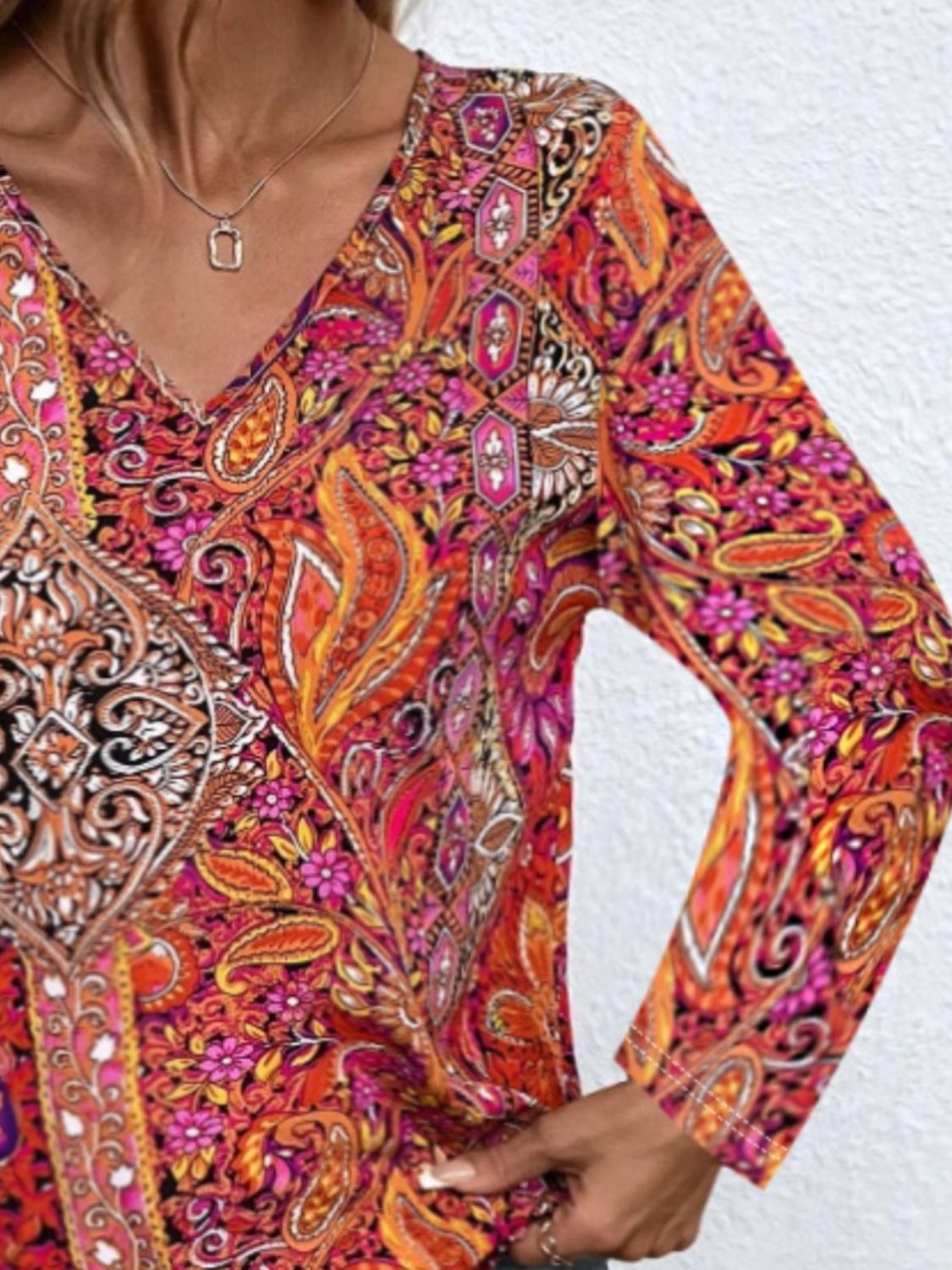 Printed V-Neck Long Sleeve Blouse - -