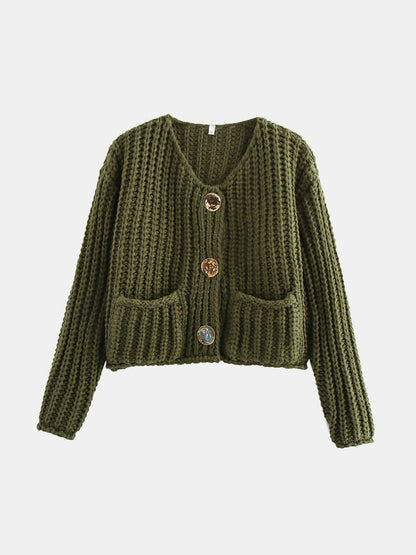 Chunky Knit Button-Down Cardigan – Gold Accent & Soft Texture - -