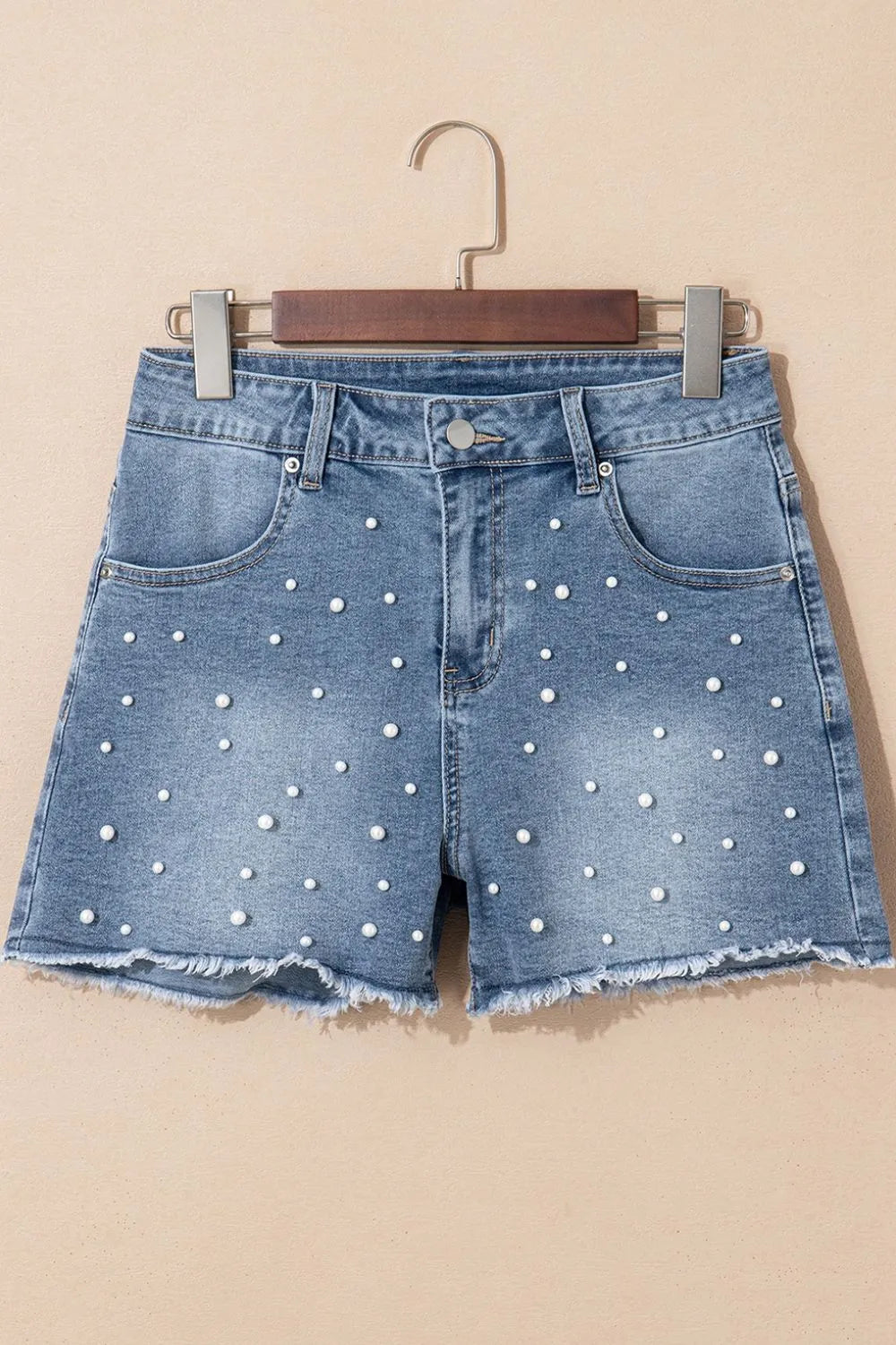 Pearl Beaded Raw Hem Wash Denim Shorts - -