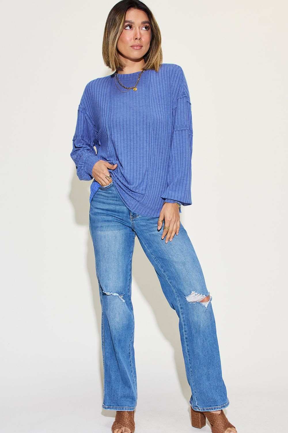 Basic Bae Full Size Ribbed Round Neck Long Sleeve T-Shirt - -