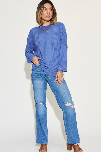 Basic Bae Full Size Ribbed Round Neck Long Sleeve T-Shirt - -