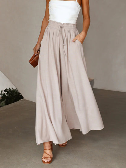 Wide-Leg High Waist Pants – Lightweight, Flowy Fit with Pockets - Eggshell -