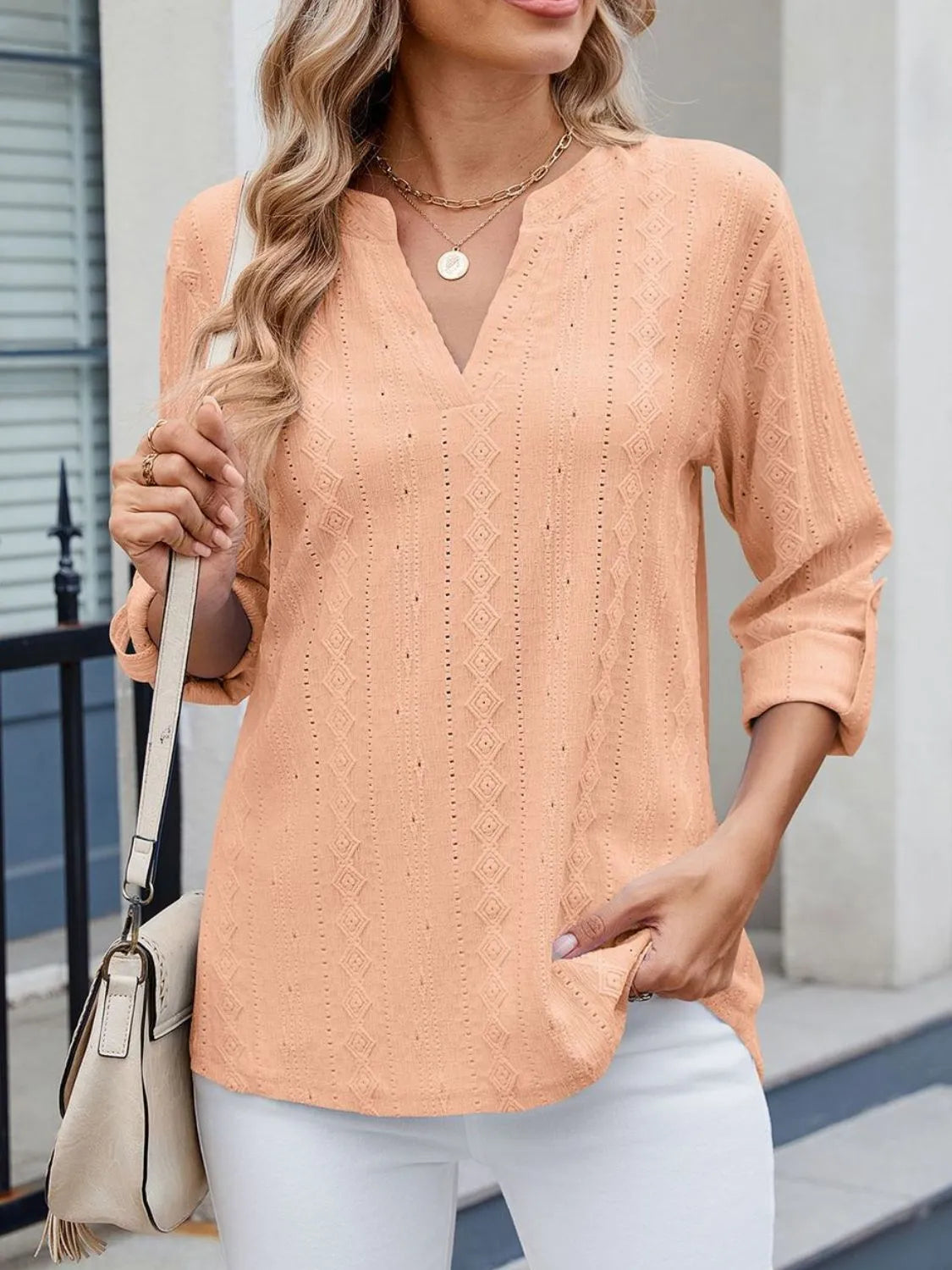 Eyelet Notched Roll-Tab Sleeve Top - -
