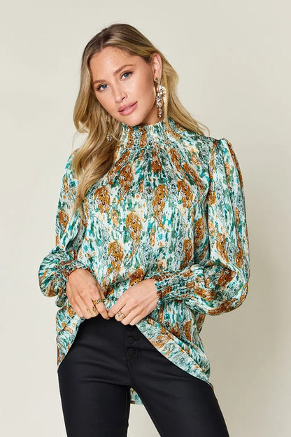 Double Take Full Size Printed Smocked Long Sleeve Blouse - -