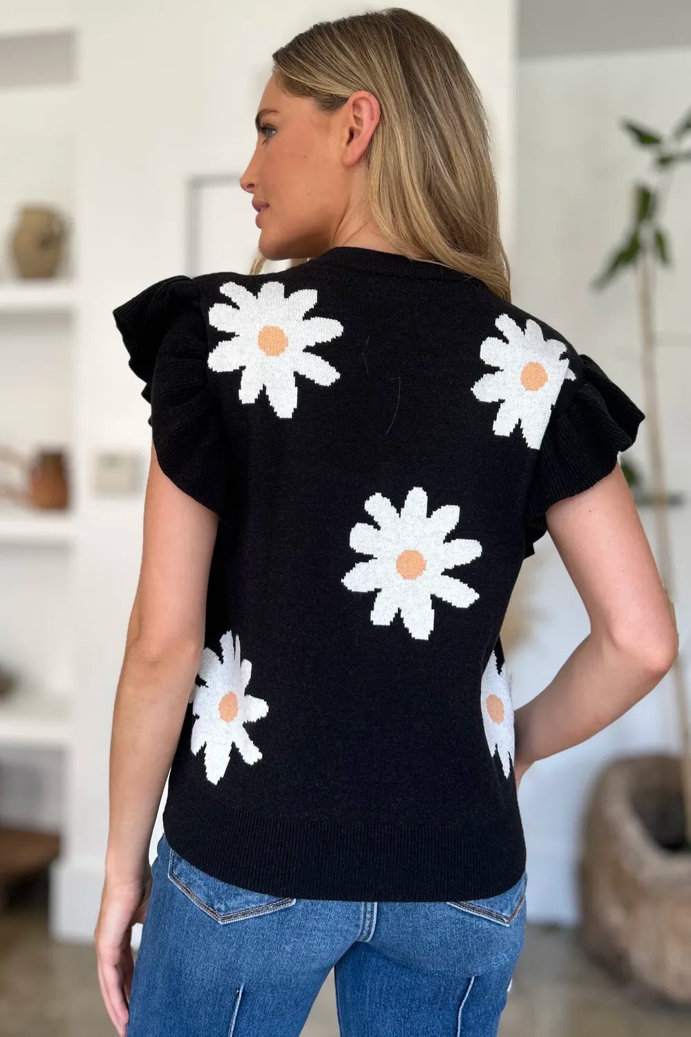 Double Take Full Size Ruffled Flower Round Neck Cap Sleeve Sweater – | Shannon’s Chique Boutique