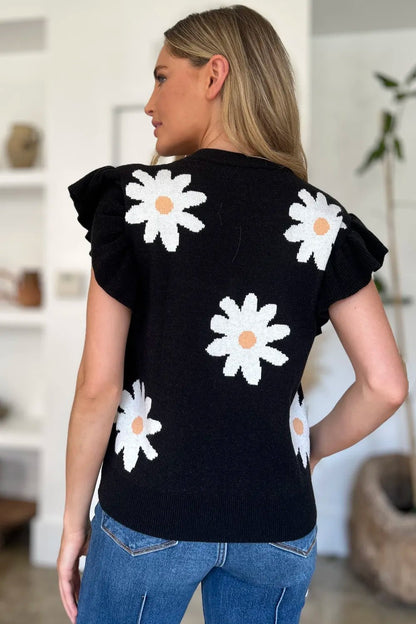 Double Take Full Size Ruffled Flower Round Neck Cap Sleeve Sweater – | Shannon’s Chique Boutique