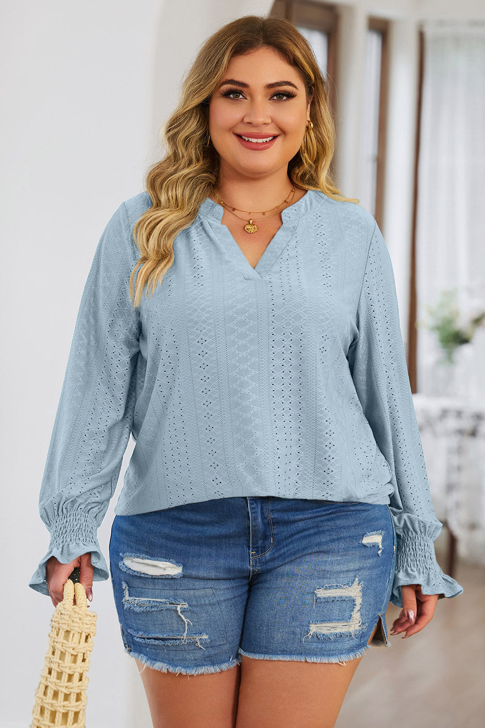 Plus Size Eyelet Notched Flounce Sleeve Blouse - -