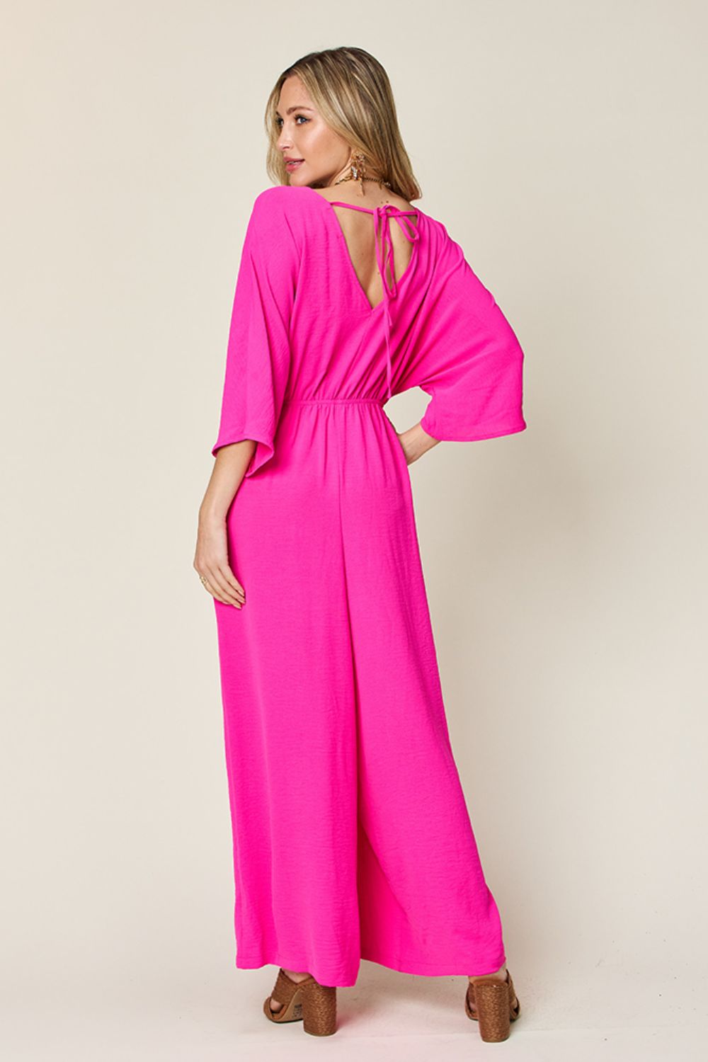Double Take Full Size Surplice Wide Leg Jumpsuit with Pockets - -