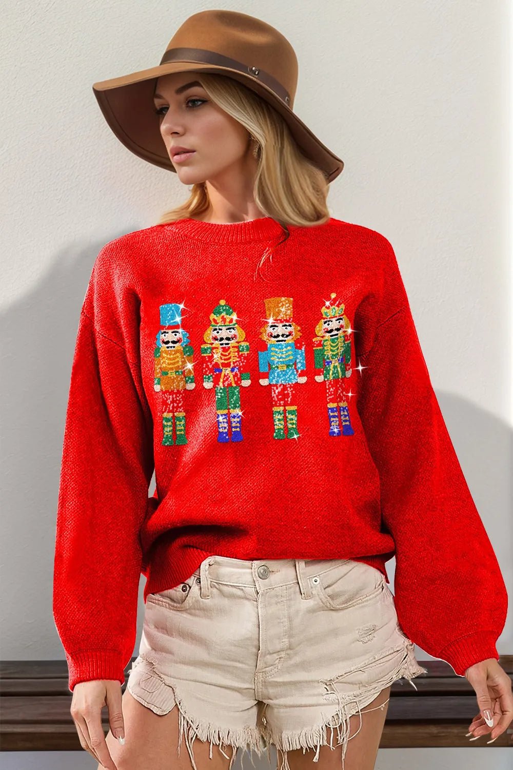 Double Take Full Size Sequin Nutcracker Long Sleeve Sweater - Red -