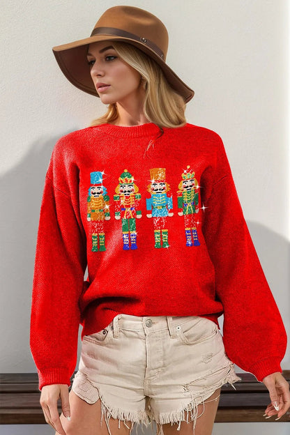 Double Take Full Size Sequin Nutcracker Long Sleeve Sweater - Red -