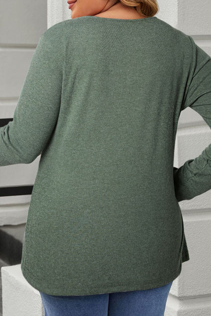 Plus Size Half Snap Long Sleeve T-Shirt - -