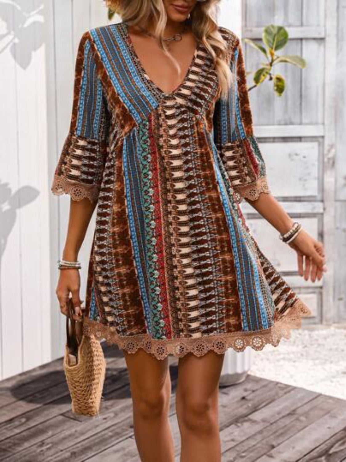 Lace Trim Printed V-Neck 3/4 Sleeve Dress - -