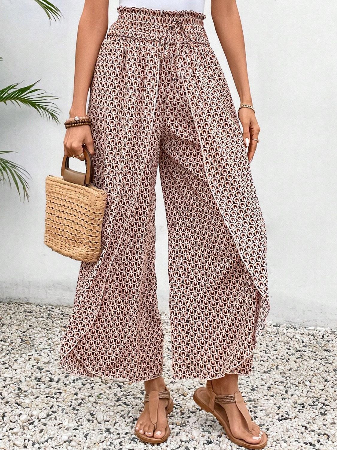 Tied Printed Wide Leg Pants - Pale Blush -