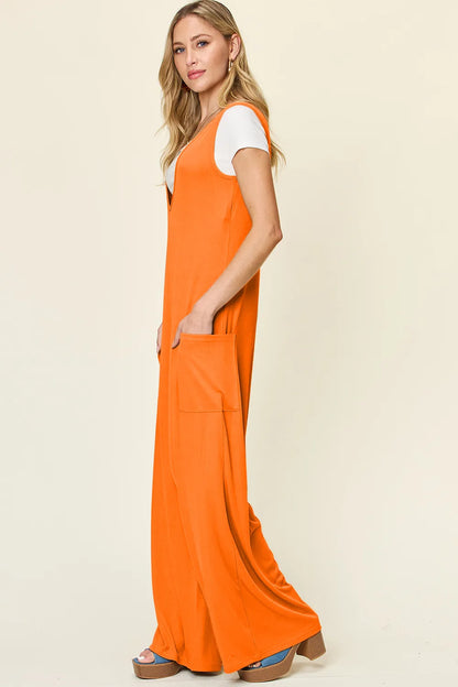 Double Take Full Size Sleeveless Wide Leg Jumpsuit with Pockets - -