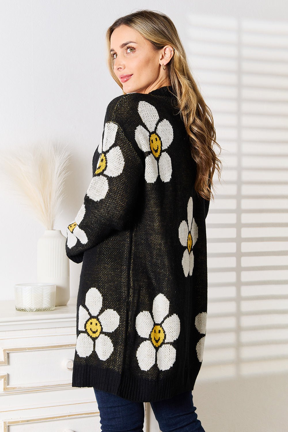 Perfee Floral Button Down Longline Cardigan - -
