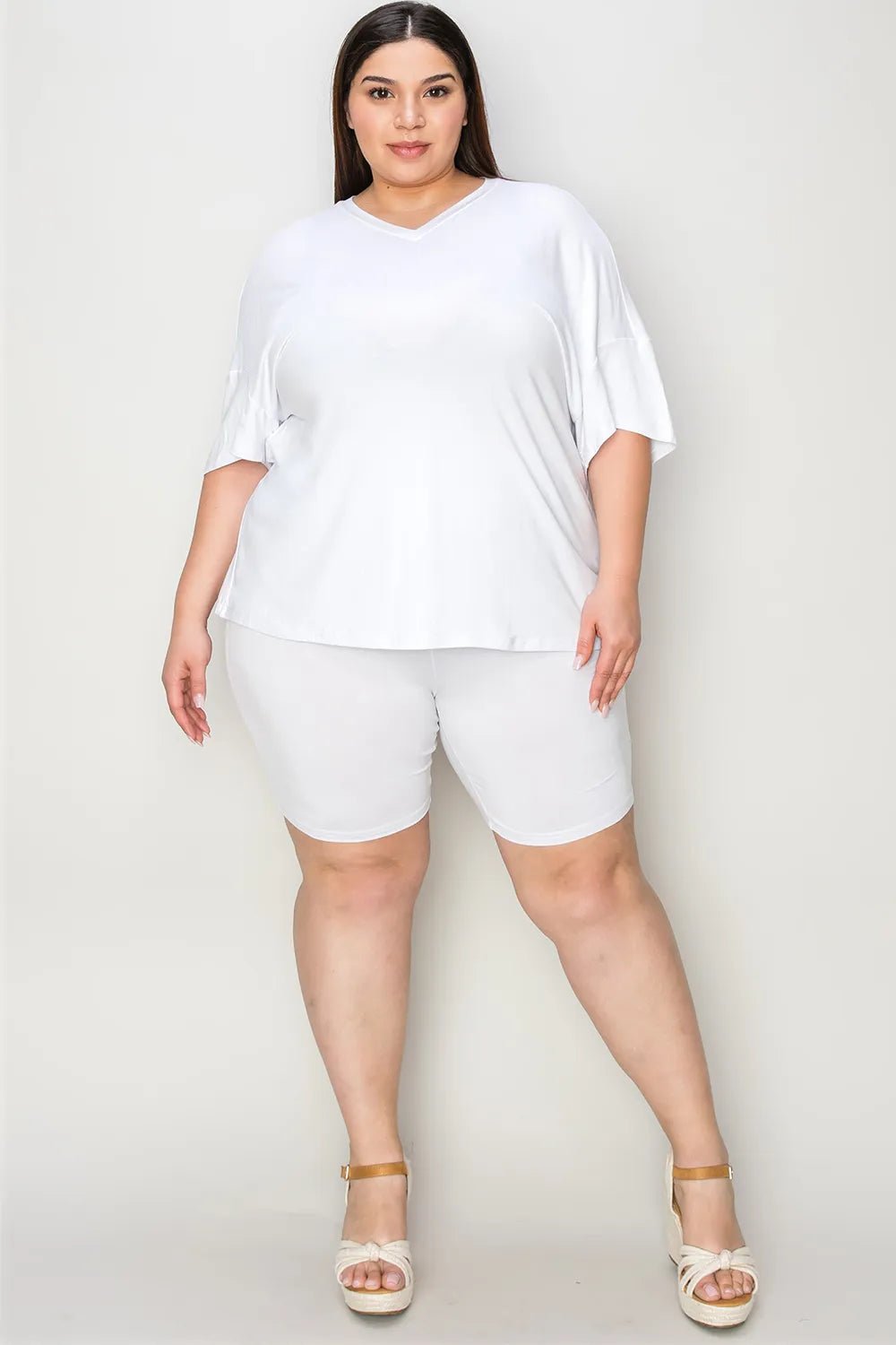 Basic Bae Bamboo Full Size V-Neck Drop Shoulder T-Shirt and Shorts Set - -