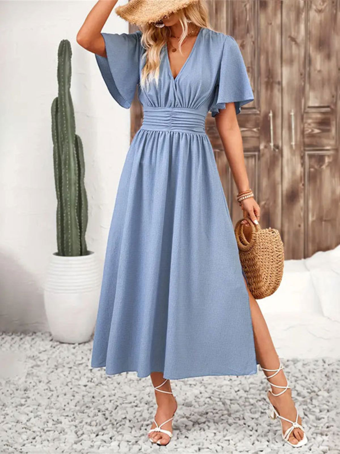 Side Slit Surplice Flutter Sleeve Midi Dress - Light Blue -