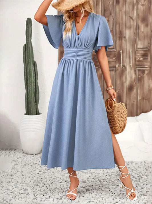Side Slit Surplice Flutter Sleeve Midi Dress - Light Blue -