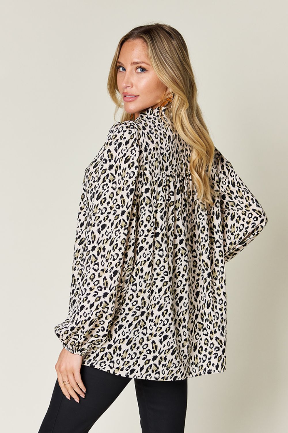 Double Take Full Size Leopard Long Sleeve Blouse - -