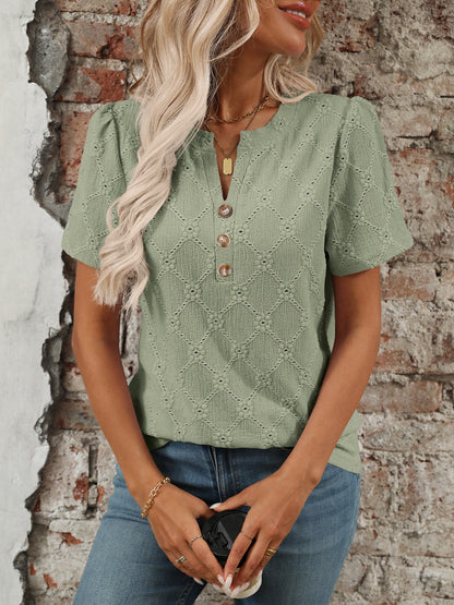 Eyelet Notched Short Sleeve Top - Sage -
