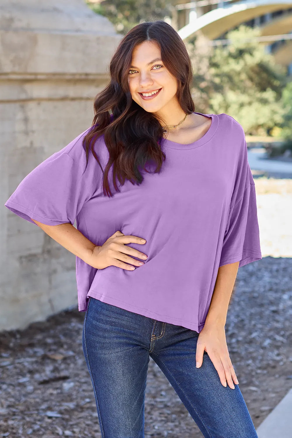 Basic Bae Bamboo Full Size Round Neck Drop Shoulder T-Shirt - Lavender -