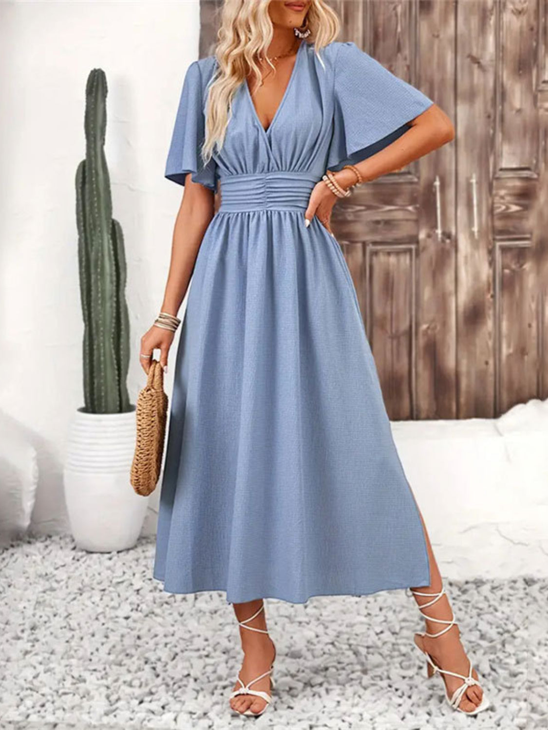 Side Slit Surplice Flutter Sleeve Midi Dress - -