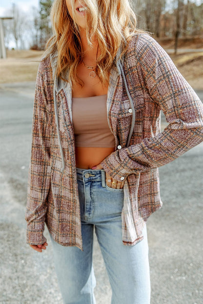Double Take Plaid Long Sleeve Hooded Jacket - -