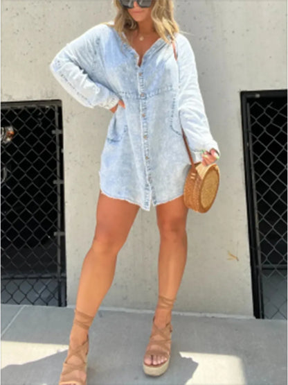 Full Size Button - Front Long Sleeve Denim Shirt Dress Plus Size – | Shannon’s Chique Boutique