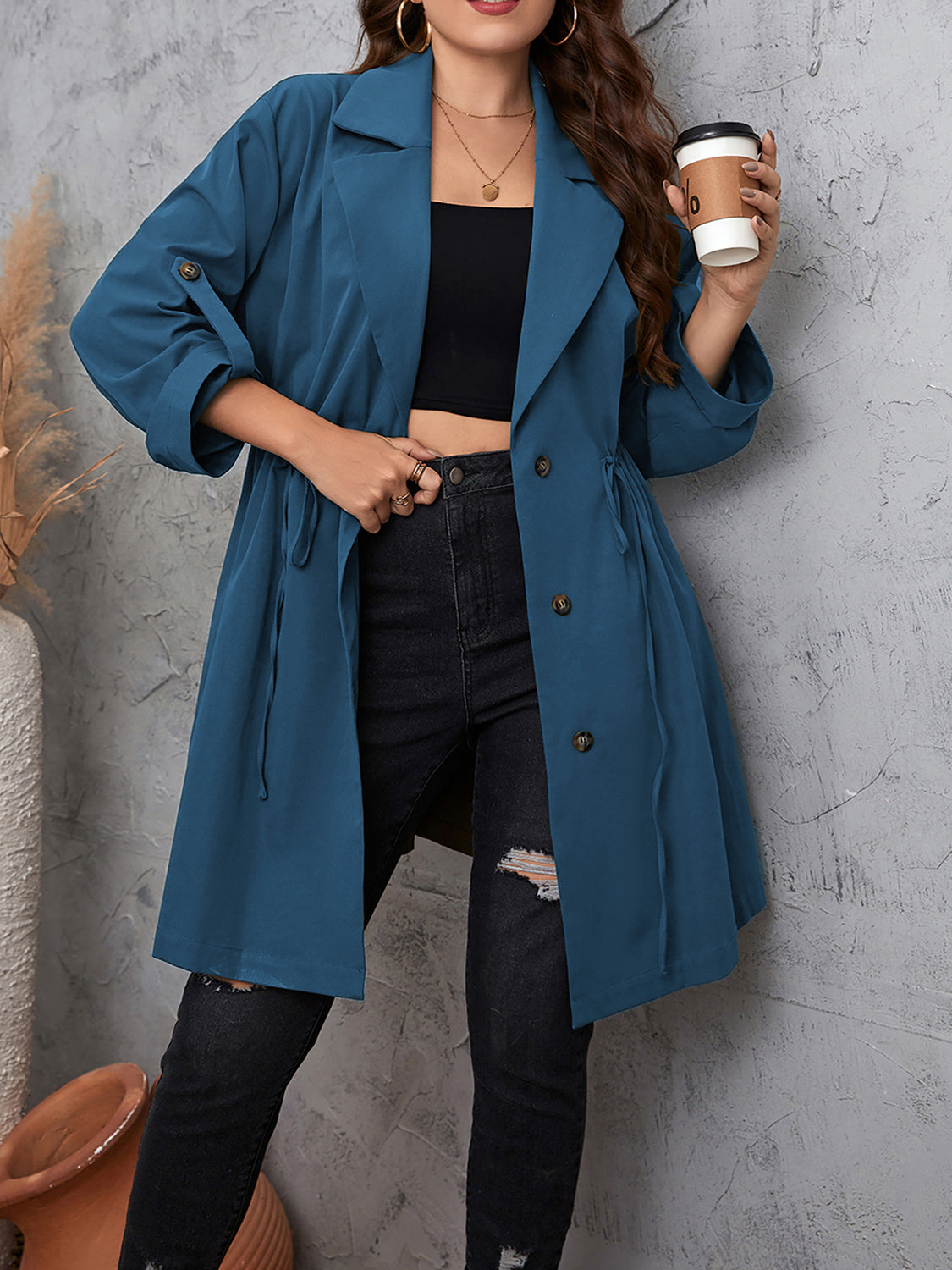 Honey Plus Size Lapel Collar Drawstring Roll-Tab Sleeve Trench Coat - Dusty Blue -