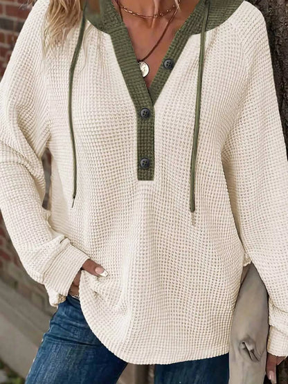 Cream and olive waffle knit henley top with button front and drawstring hood