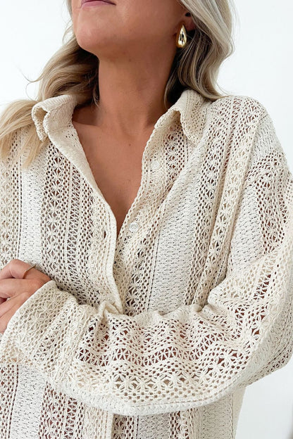 Lace Crochet Collared Neck Oversized Shirt - -
