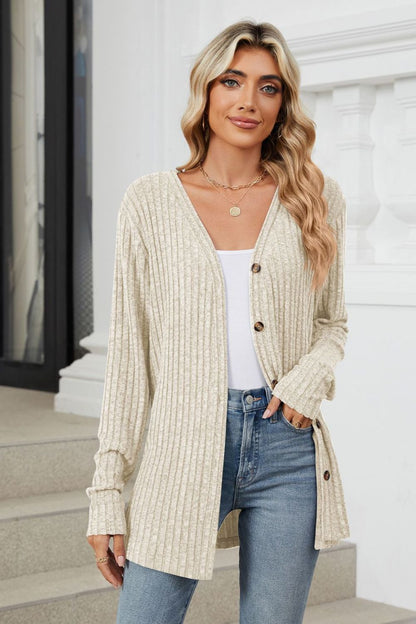 Ribbed Button Up Long Sleeve Cardigan