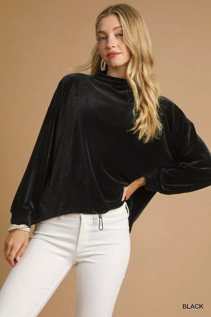 Black velvet mock neck top with long batwing sleeves and adjustable drawstring hem.