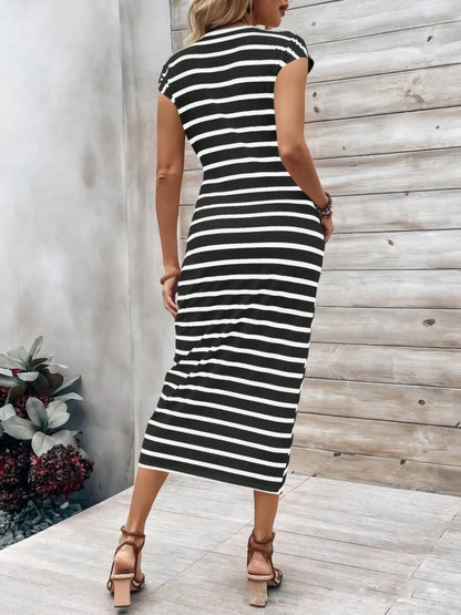 Pretty Chique Striped Midi Dress – Cap Sleeve Style - -