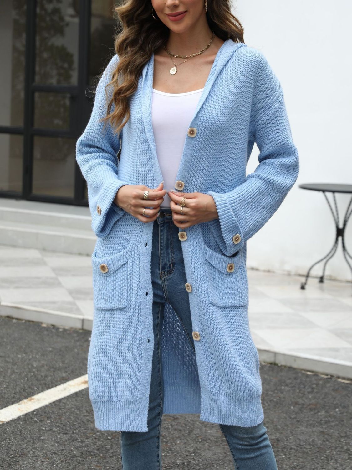 Pocketed Button Up Long Sleeve Hooded Cardigan - -