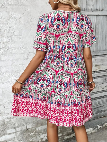 Printed Tie Neck Short Sleeve Dress - -