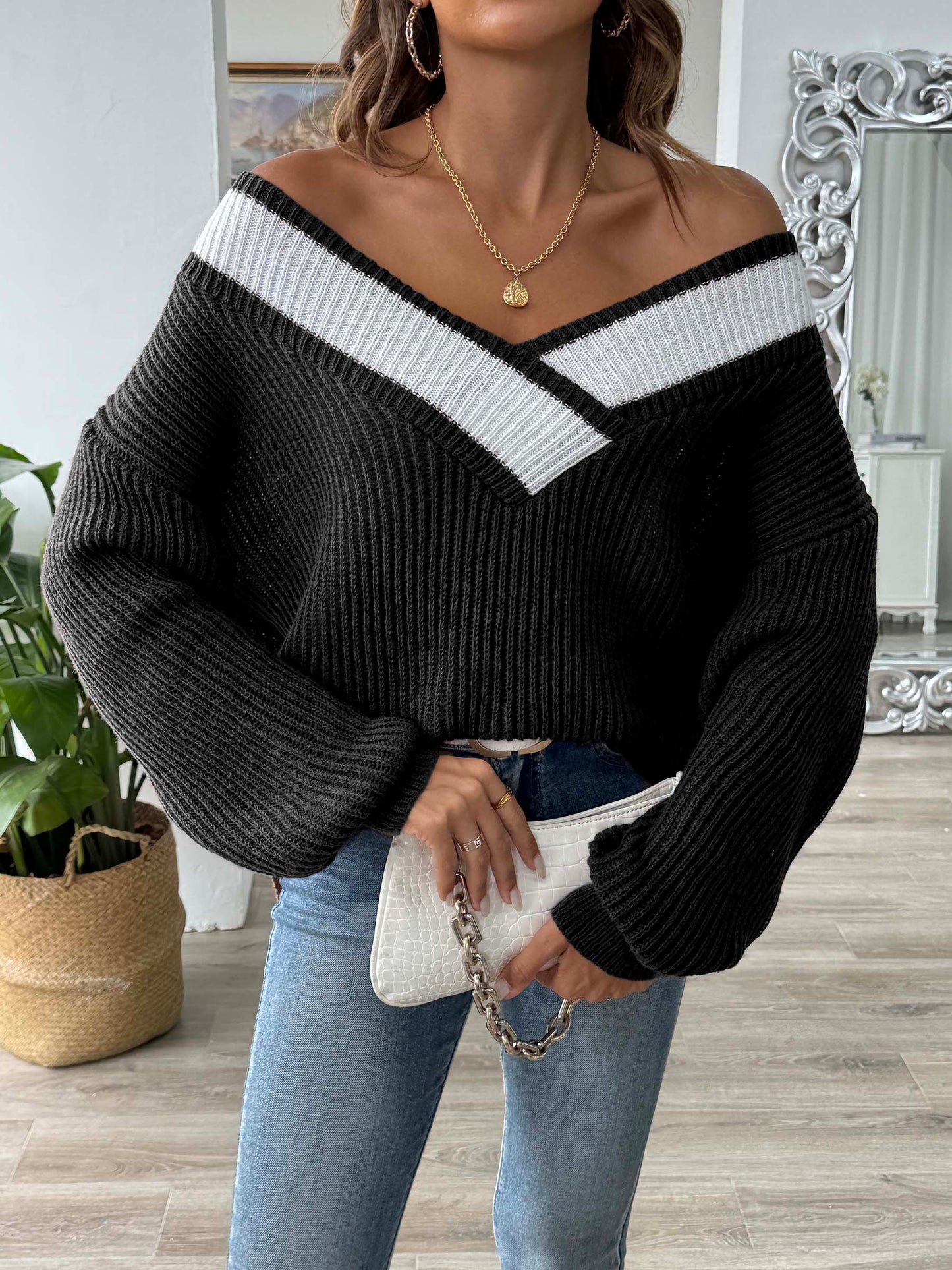 Contrast Dropped Shoulder Long Sleeve Sweater - Black -