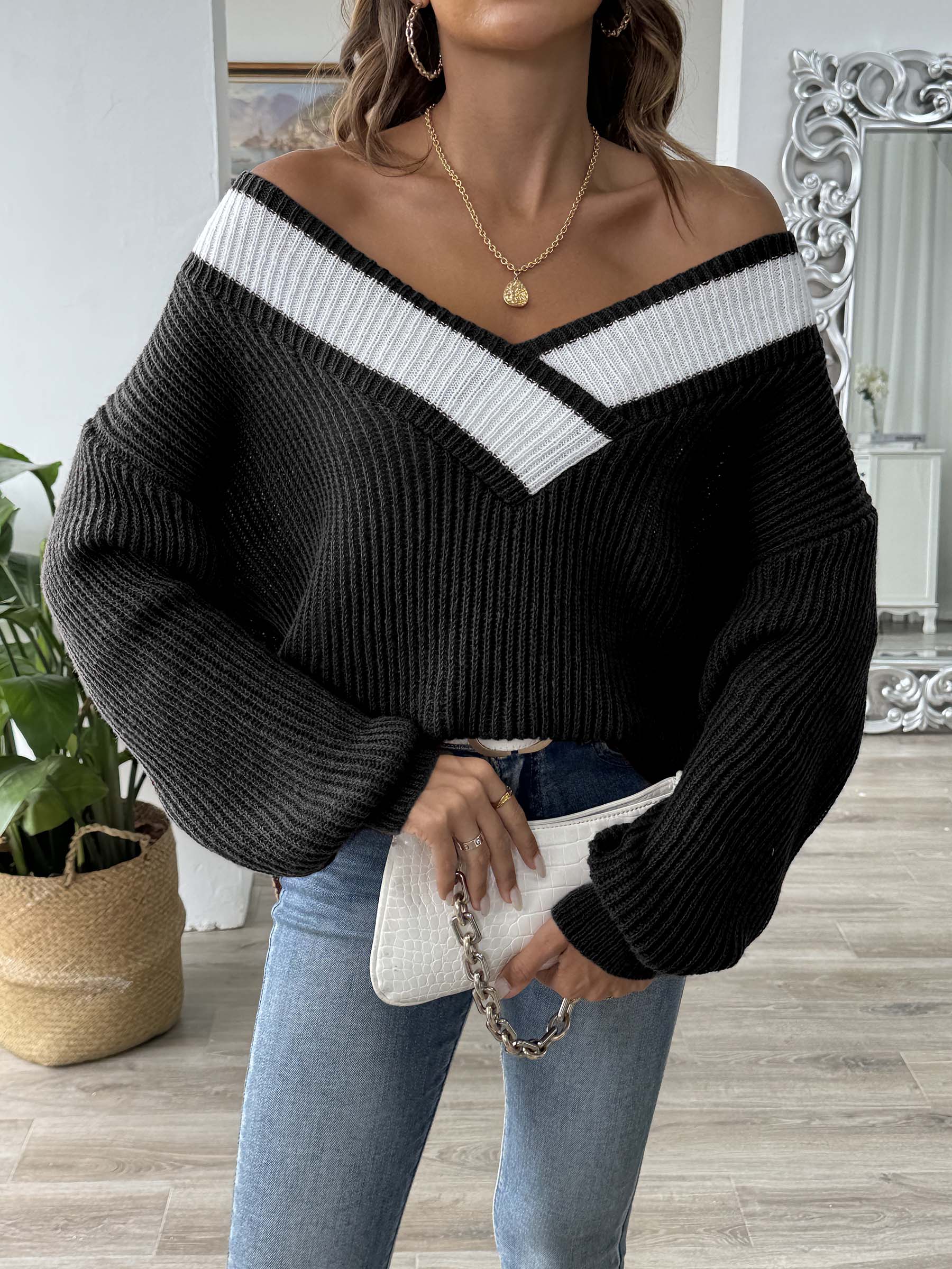 Contrast Dropped Shoulder Long Sleeve Sweater - Black -
