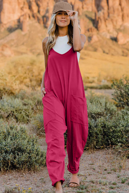 Double Take Plus Size V-Neck Sleeveless Jumpsuit with Pockets – Bold Color Collection - -