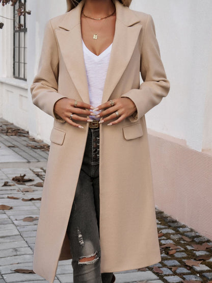 Devine Pocketed Collared Neck Long Sleeve Coat - Tan -