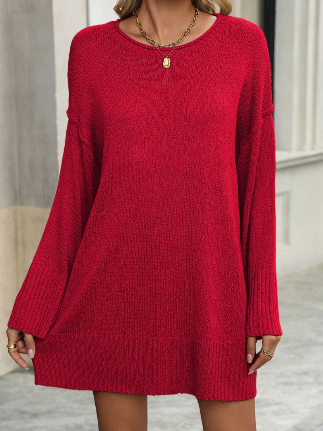 Round Neck Dropped Shoulder Sweater - -