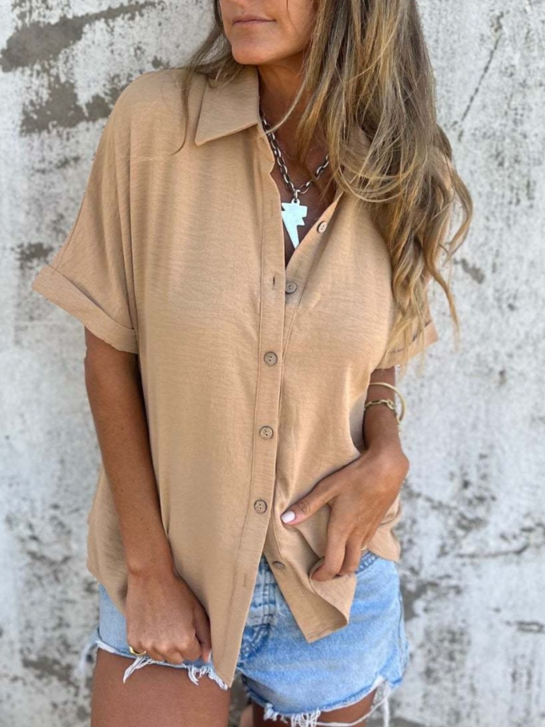 Full Size Button Down Short Sleeve Shirt Plus Size - -