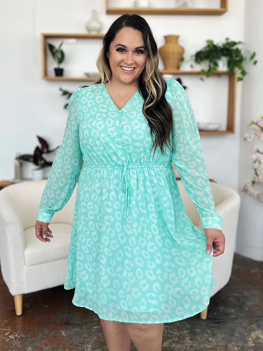 Double Take Full Size Printed Ruched V - Neck Long Sleeve Dress – | Shannon’s Chique Boutique