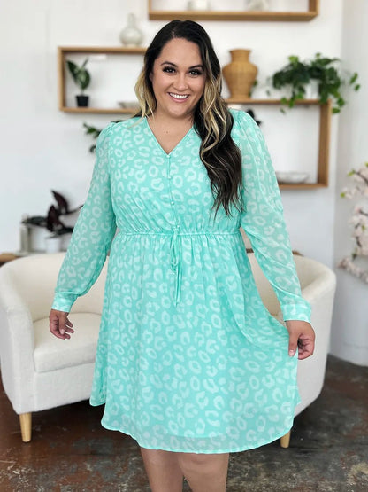 Double Take Full Size Printed Ruched V - Neck Long Sleeve Dress – | Shannon’s Chique Boutique
