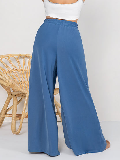 Plus Size Tied Slit Wide Leg Pants - -