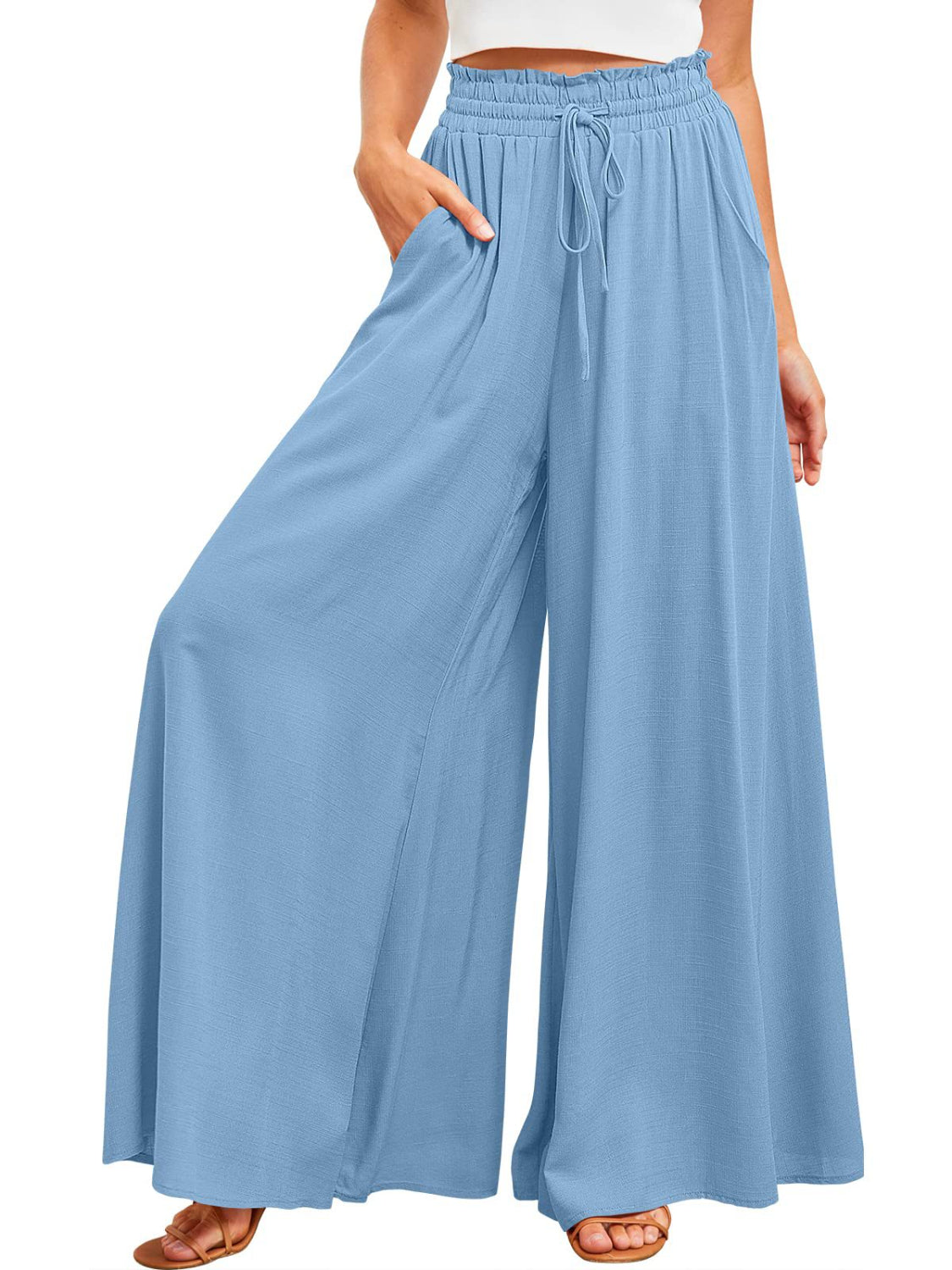 Wide Leg Pants with Pockets - -