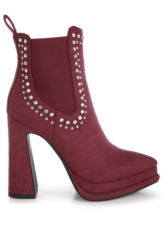Burgundy platform ankle boot with block heel and silver stud detailing on suede material