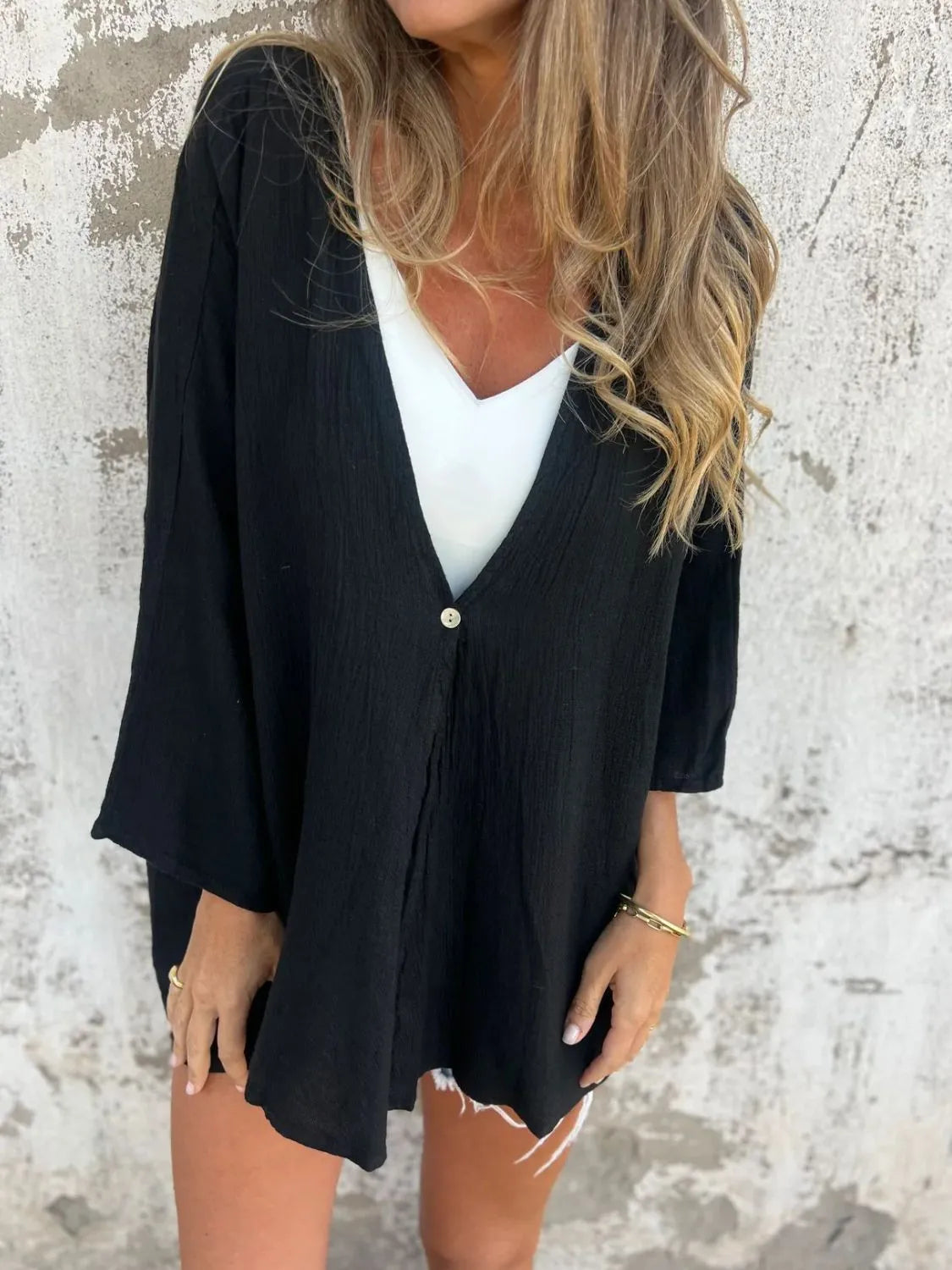 Full Size One Button Long Sleeve Shirt Plus Size - Black -