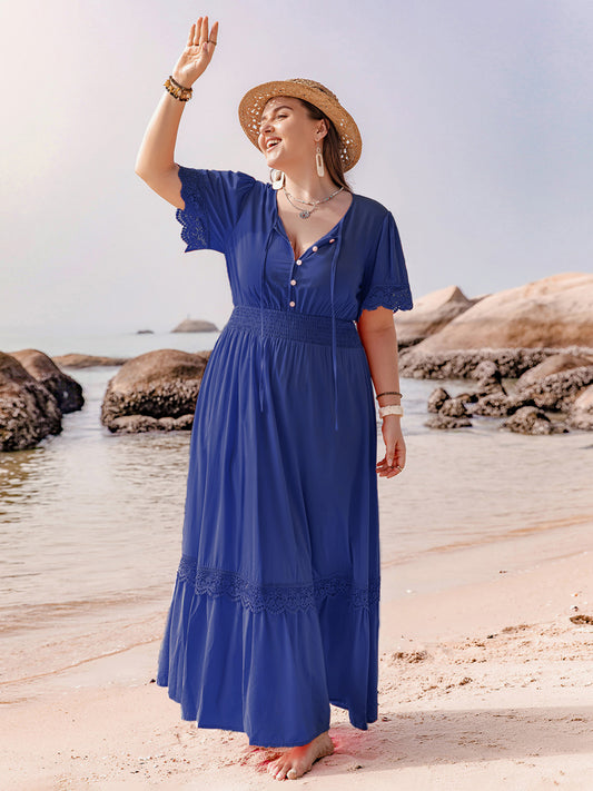 Plus Size Lace Detail Tie Neck Short Sleeve Maxi Dress - Dark Blue -