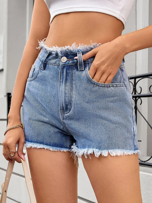 Washed Raw Hem Denim Shorts - Light Blue -